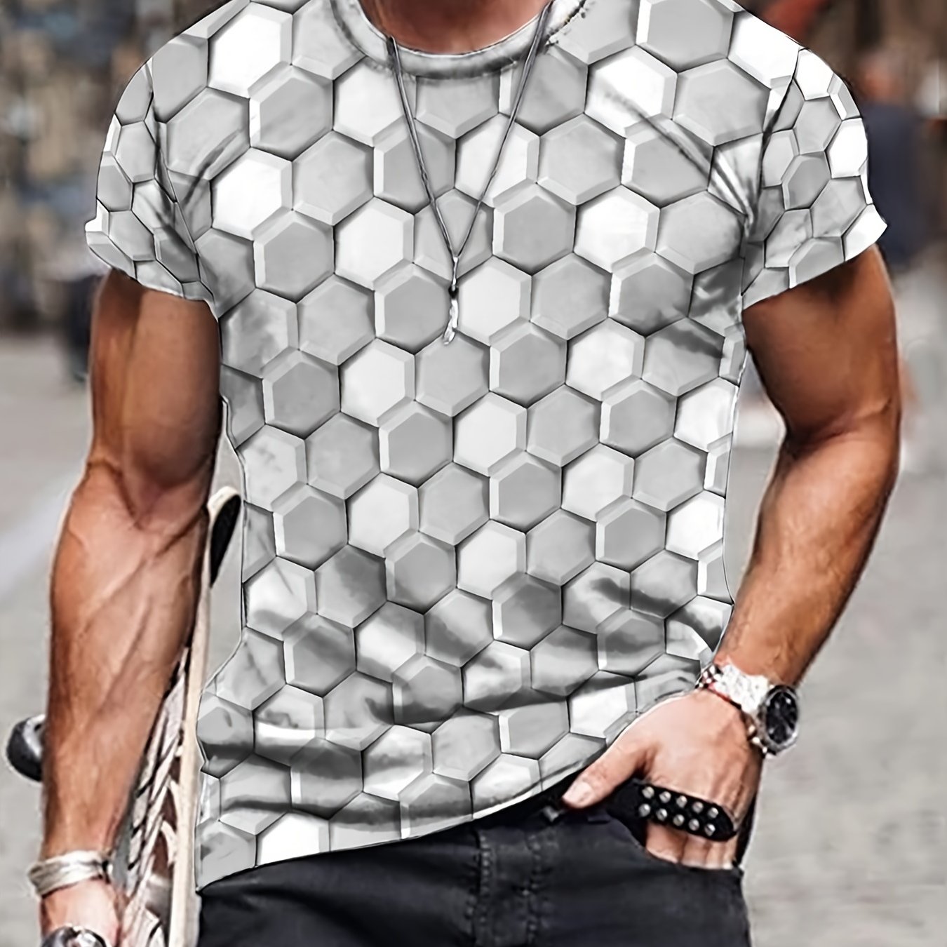 Men's 3D Geometry Print T shirt Active Crew Neck Tee