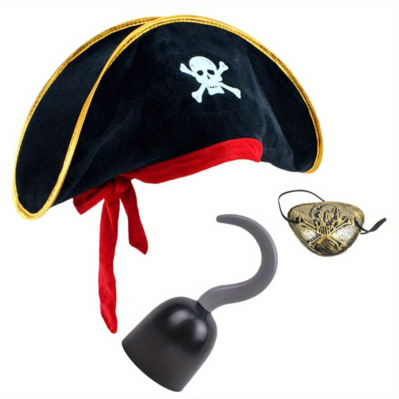 3pcs Halloween Pirate Costume Set Red Ribbon Captain & Hat Hook & Golden Mask