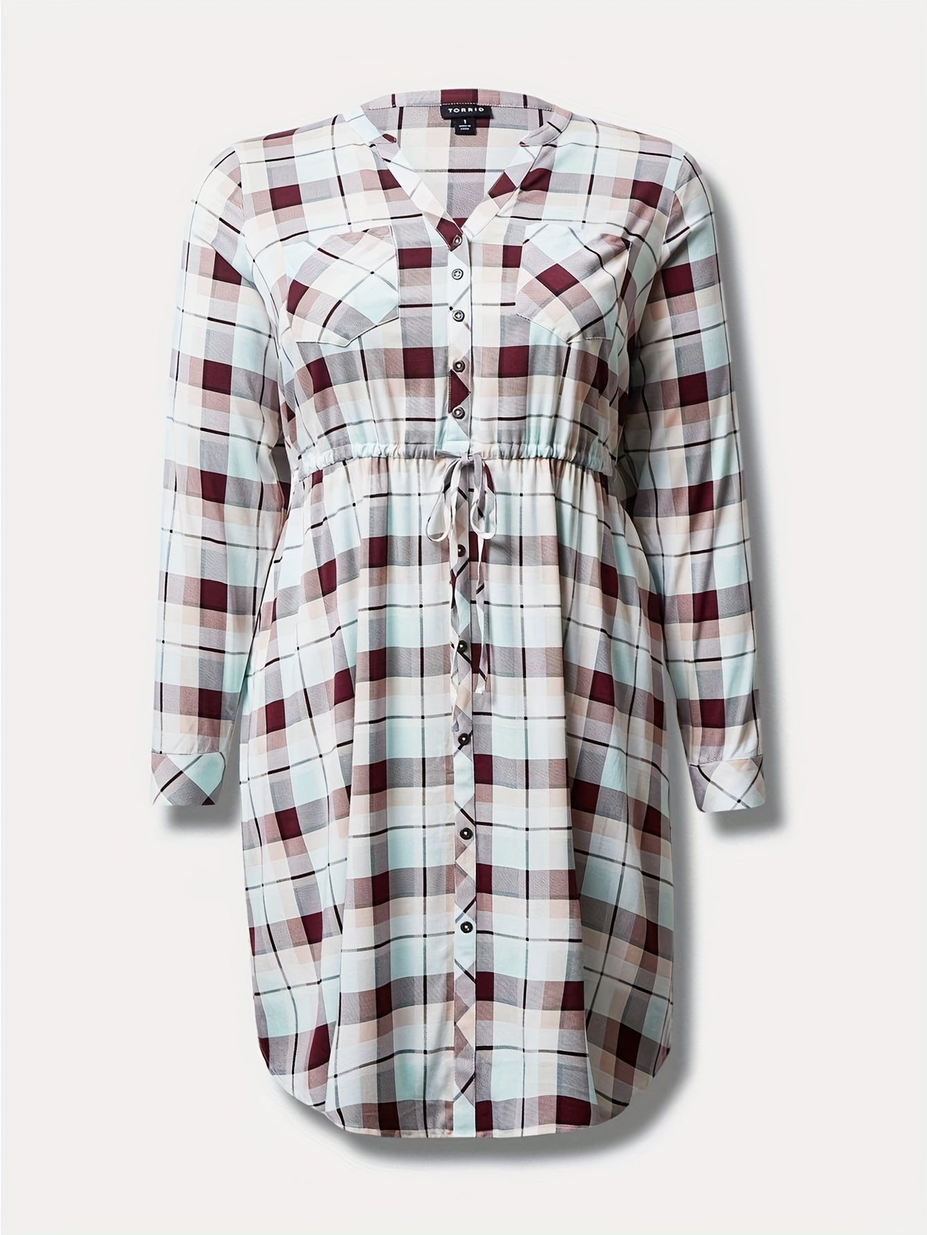  Women's Plaid Print Long Sleeve V Neck Shirt Dress