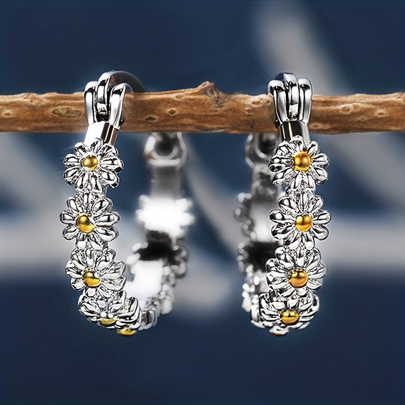 Daisy Decor Hoop Earrings, Copper Silver Plated Jewelry