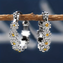 Daisy Decor Hoop Earrings, Copper Silver Plated Jewelry