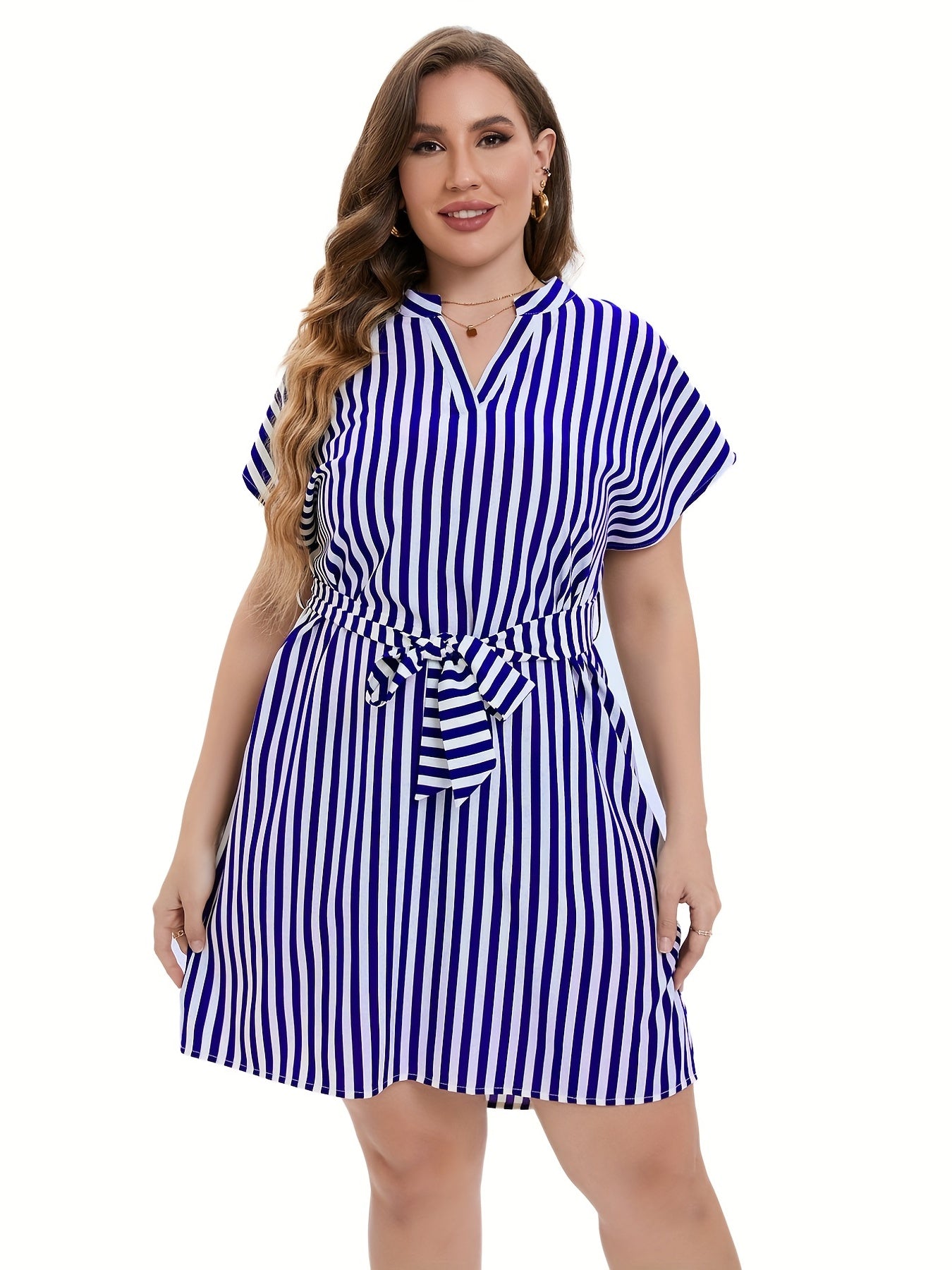  Striped Print V Neck Midi Dress