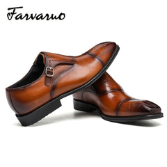 FARWARWO Monk Strap Leather Dress Shoes Light Brown