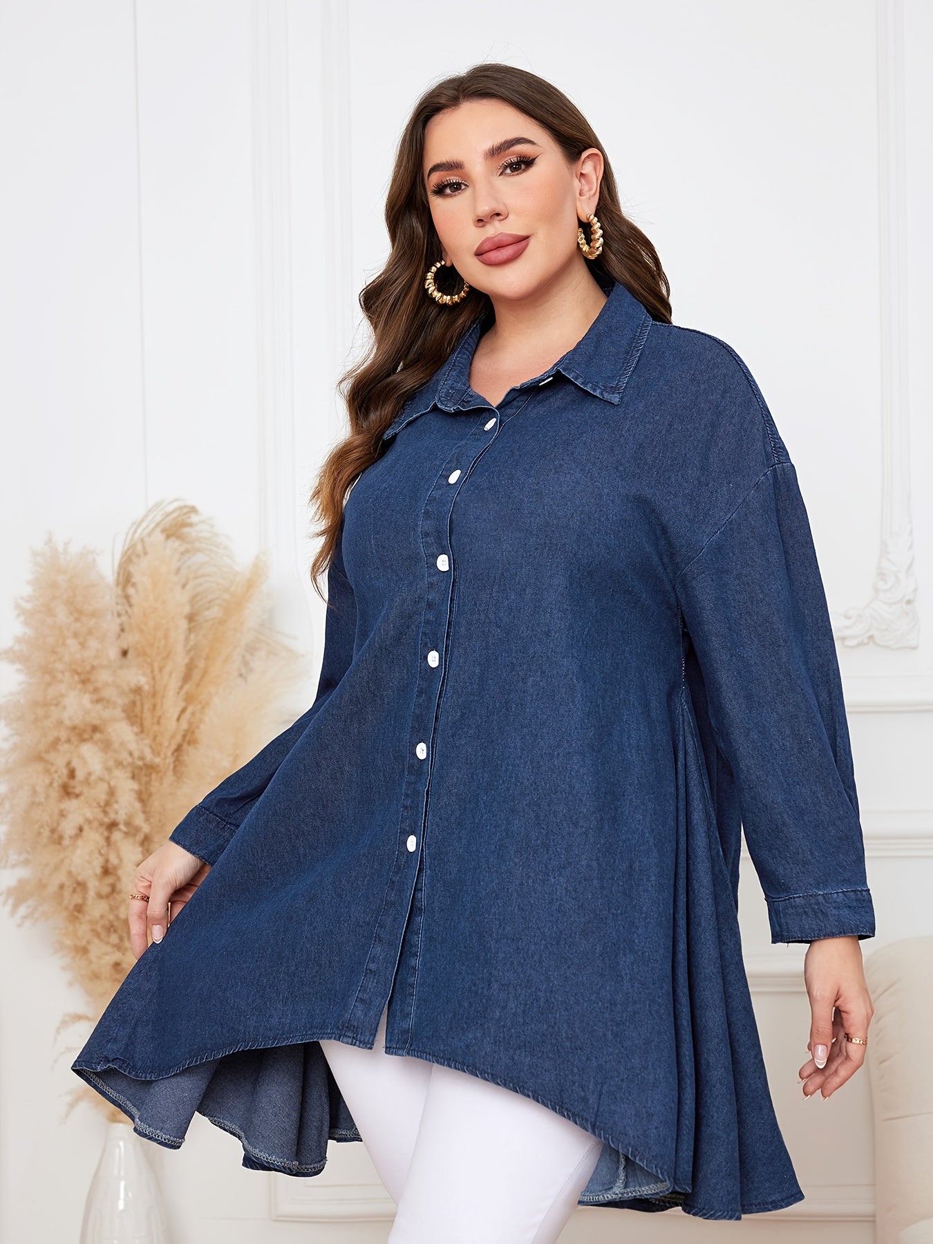  Casual Denim Top Women's Plus Solid Button Up Long Sleeve Tunic