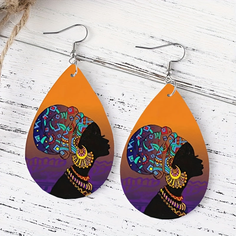 Girl Pattern Teardrop Earrings PU Leather Ethnic Style Halloween Gift