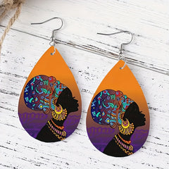 Girl Pattern Teardrop Earrings PU Leather Ethnic Style Halloween Gift