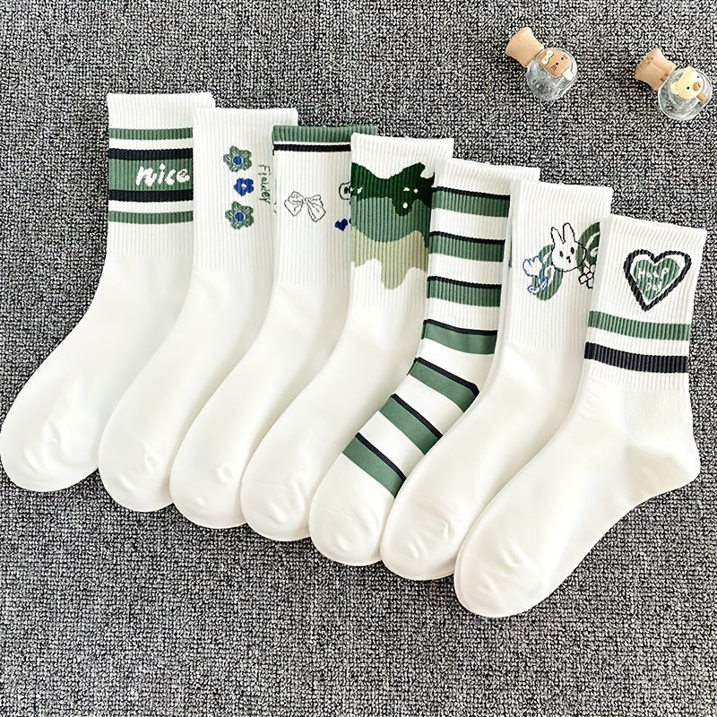 7 Pairs Letter & Striped Print Socks Women's Mid Tube Stockings
