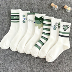 7 Pairs Letter & Striped Print Socks Women's Mid Tube Stockings