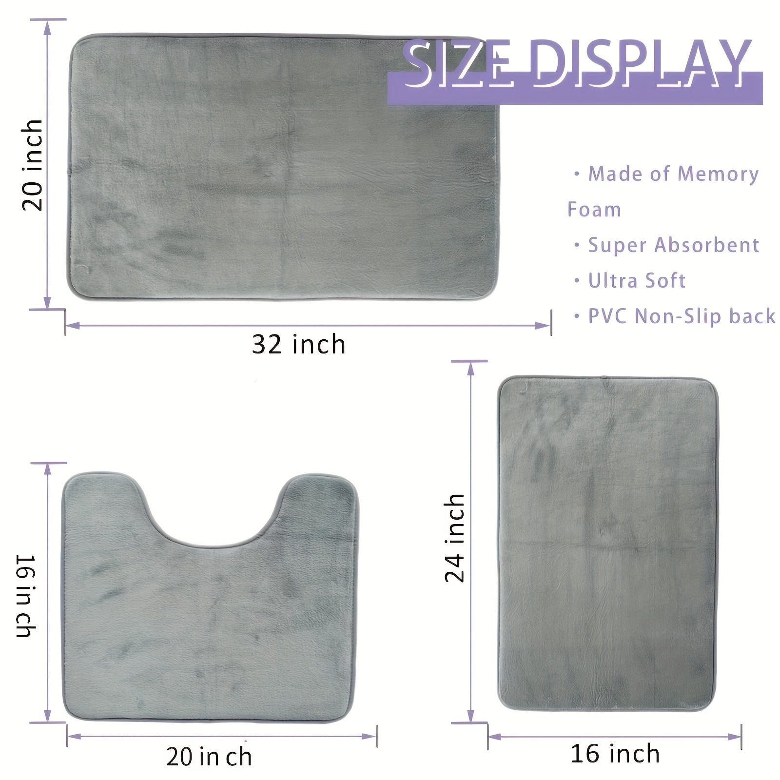 3pcs Light Grey Memory Foam Bath Mat Set