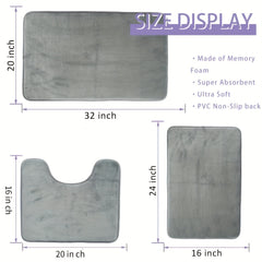 3pcs Light Grey Memory Foam Bath Mat Set