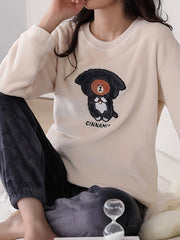 Bear Print Fuzzy Lounge Set Long Sleeve Top & Elastic Waistband Pants
