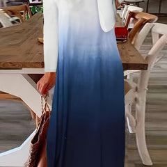 Plus Ombre Print Long Sleeve Crew Neck Split Maxi Dress