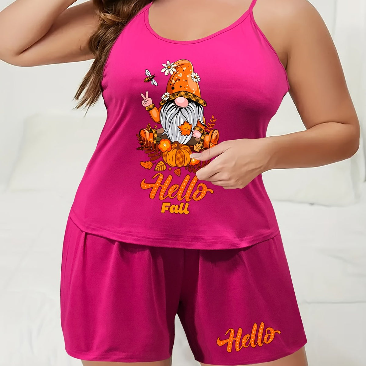  Funny Dwarf & Pumpkin Print Cami Top & Shorts Set