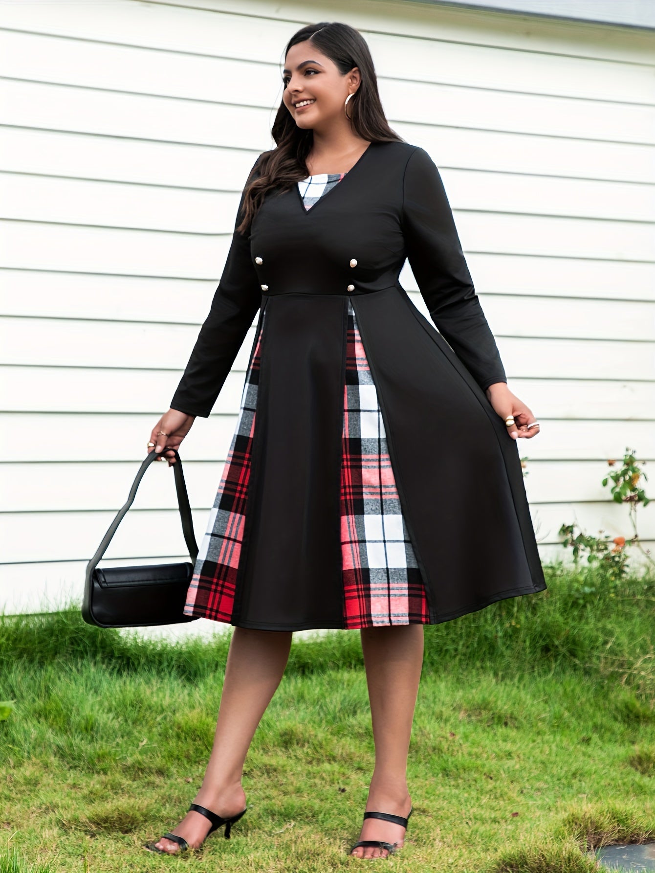  Plaid Print Button Decor Long Sleeve Dress