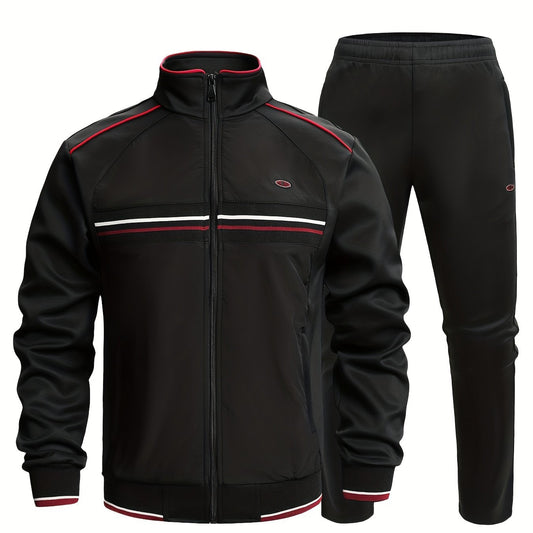 2pcs Men's Striped Stand Collar Sports Suit & Active Pants