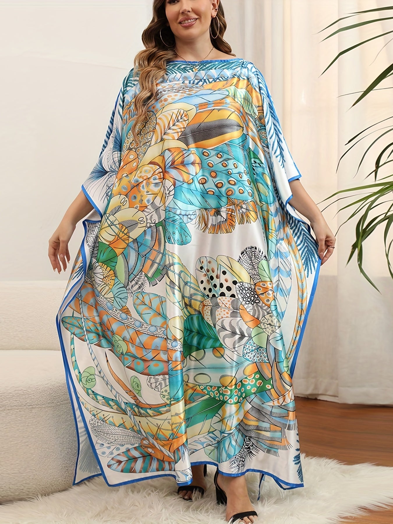  Boho Cover Up Feather Print Bat Sleeve Loose Split Beach