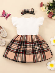 2pcs Baby Girls Splicing Suspender Dress Bow Plaid Dress Set