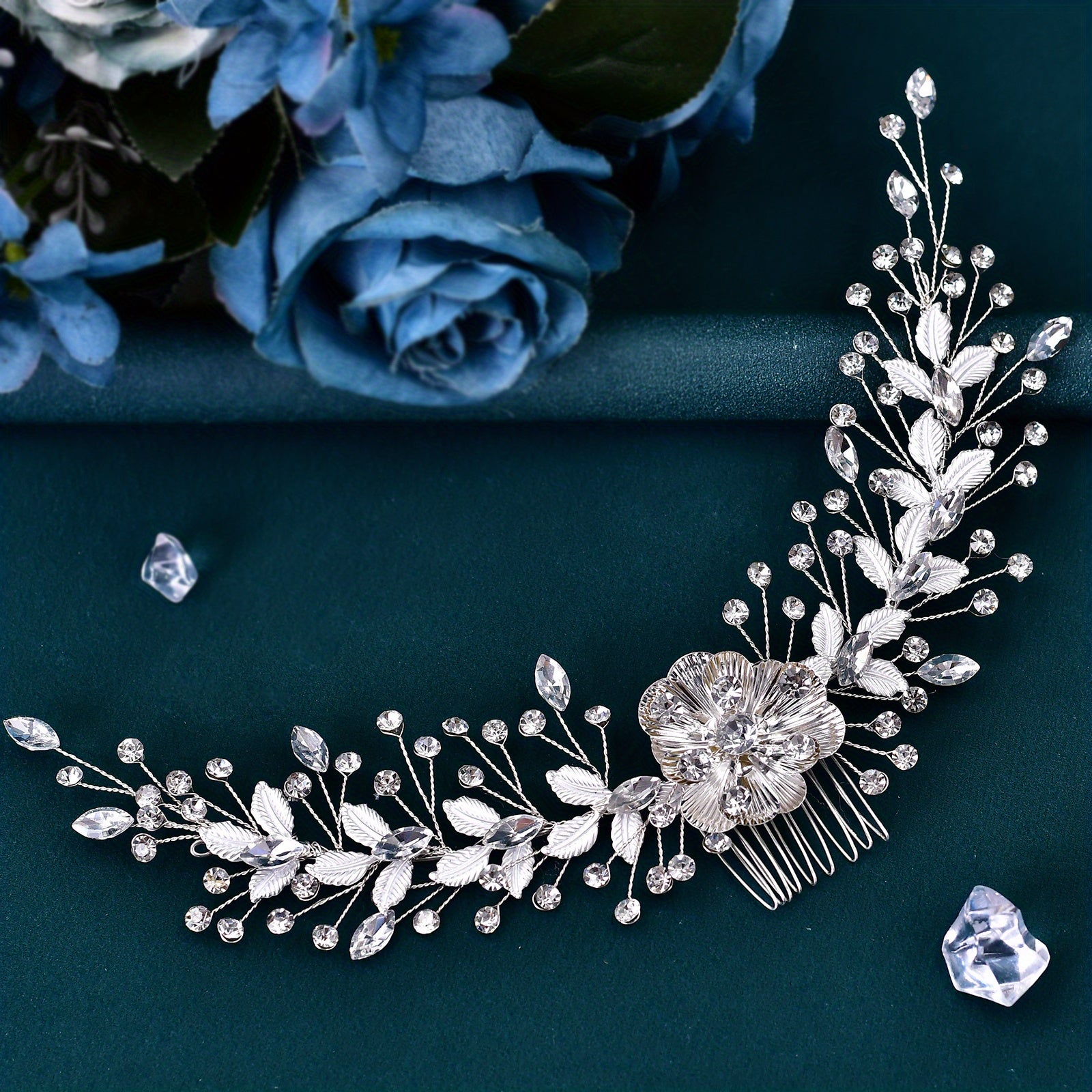 Bride Rhinestone Leaf Headwear Silvery Alloy Flower Hair Comb Wedding Party