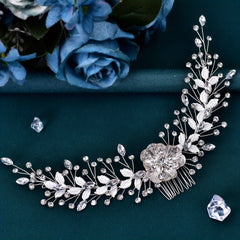 Bride Rhinestone Leaf Headwear Silvery Alloy Flower Hair Comb Wedding Party
