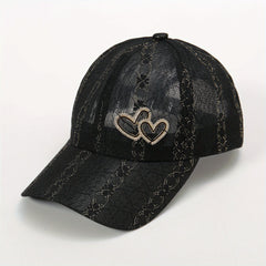 Lace Floral Embroidered Baseball Cap Heart Label Mesh Overlay Breathable Sun Hat