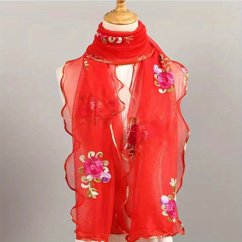 Ruffles Rose Embroidered Scarf Double Layer Gauze Head Wrap
