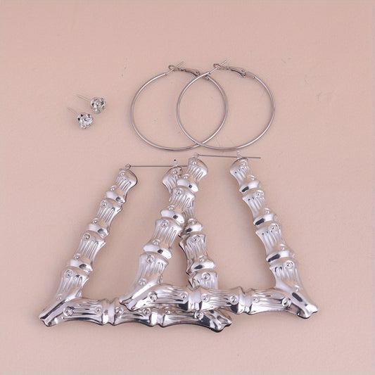 Exaggerated Golden & Silver Bamboo Earrings Set