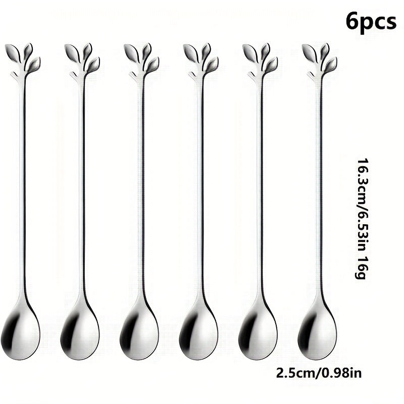 6pcs Stainless Steel Leaf Handle Dessert Spoon Fork Set
