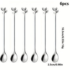 6pcs Stainless Steel Leaf Handle Dessert Spoon Fork Set