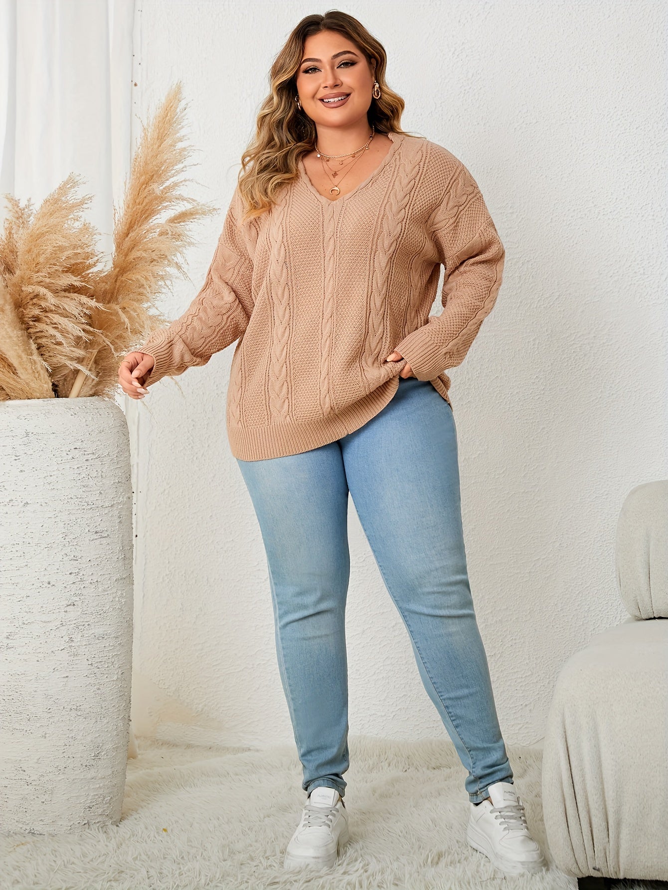  Solid Cable Long Sleeve V Neck Sweater
