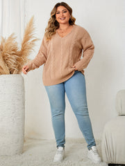  Solid Cable Long Sleeve V Neck Sweater