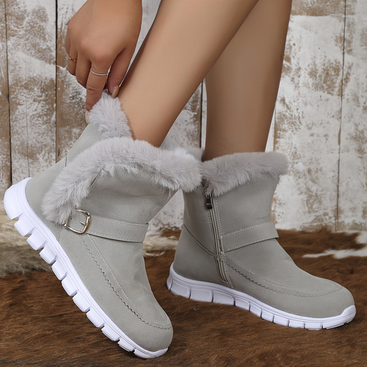 Plush Lined Thermal Furry Snow Boots Non Slip Side Zipper Snow Shoes