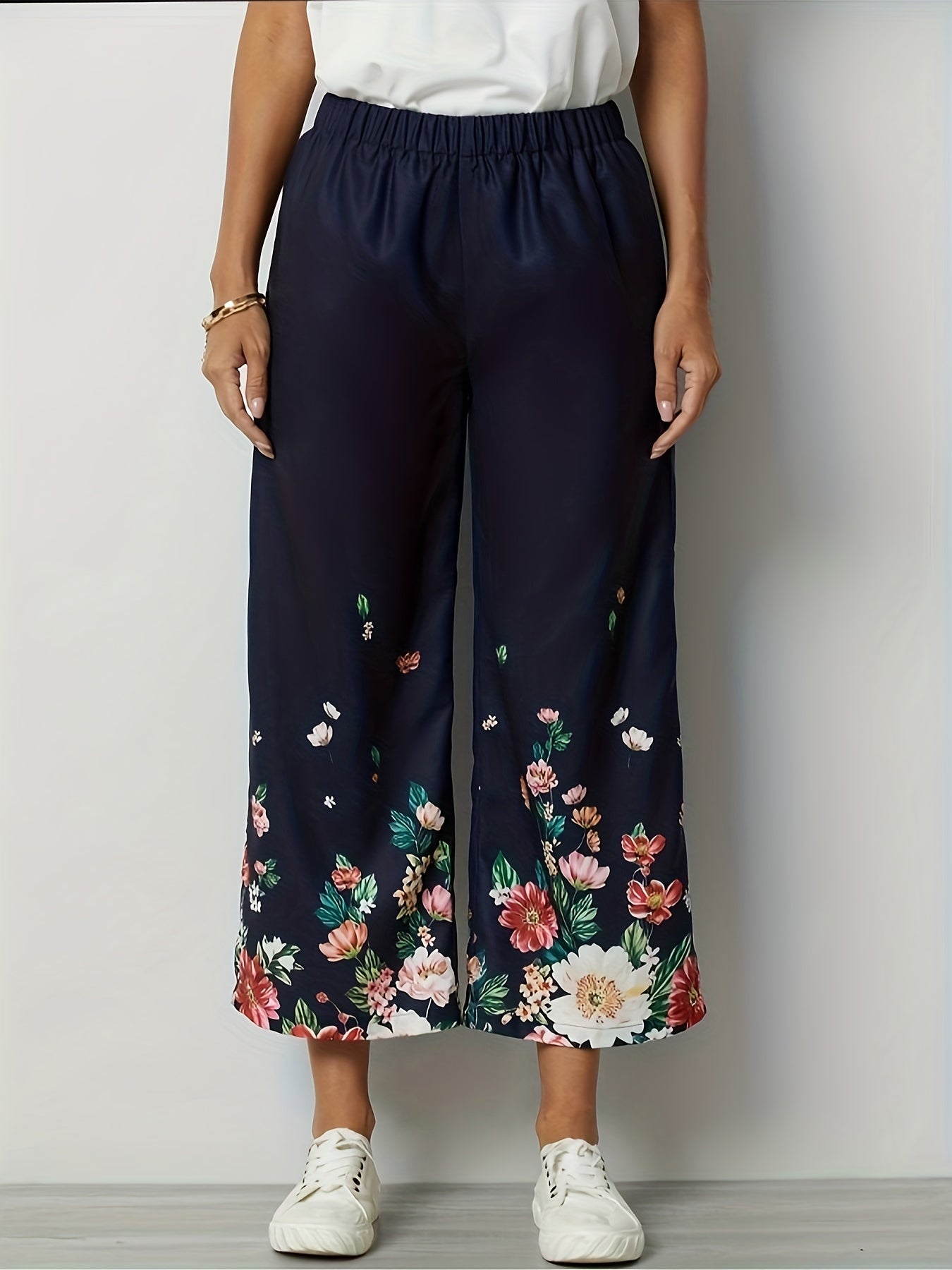 Women's Plus Floral Print Wide Leg Pants with Pockets