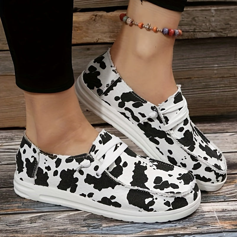 Women's Cow Pattern Canvas Shoes Lace Up Lightweight Sneakers