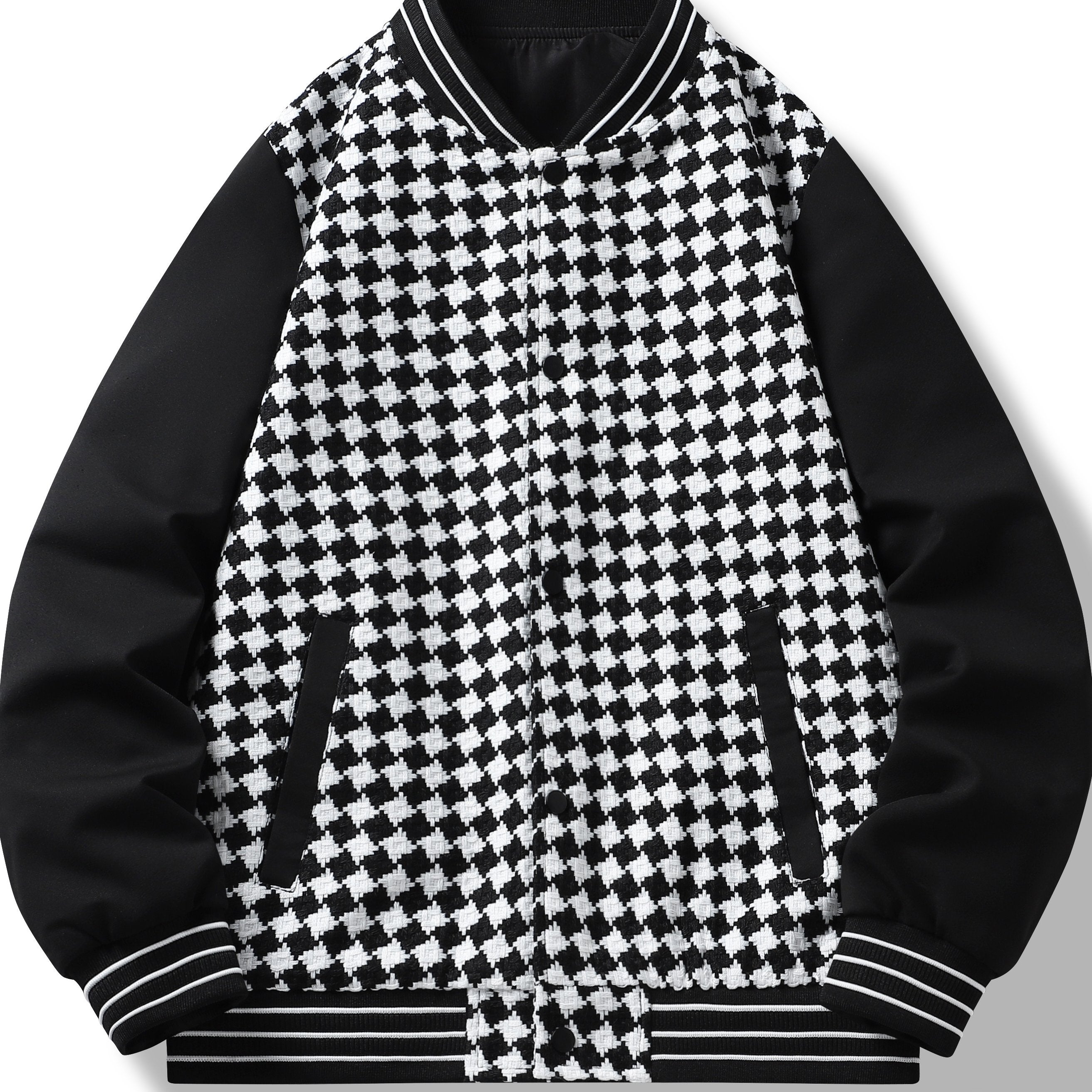 Checkerboard Pattern Varsity Jacket Men's Casual Baseball Collar Button Up Jacke