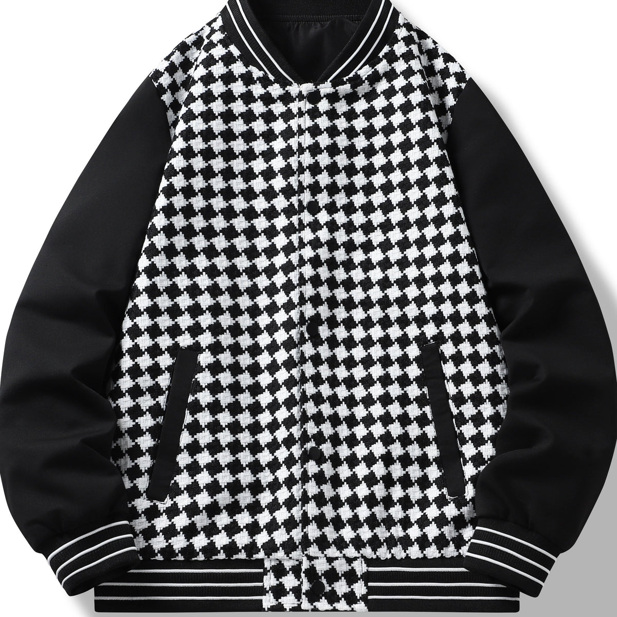 Checkerboard Pattern Varsity Jacket Men's Casual Baseball Collar Button Up Jacke