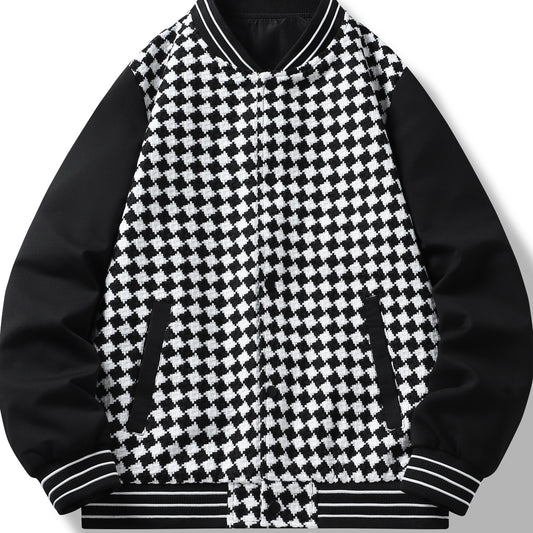 Checkerboard Pattern Varsity Jacket Men's Casual Baseball Collar Button Up Jacke