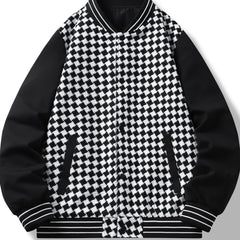 Checkerboard Pattern Varsity Jacket Men's Casual Baseball Collar Button Up Jacke