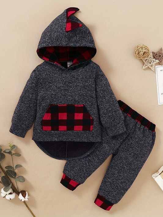 Toddler Boy's Plaid Hoodie & Sweatpants Set for Spring Fall
