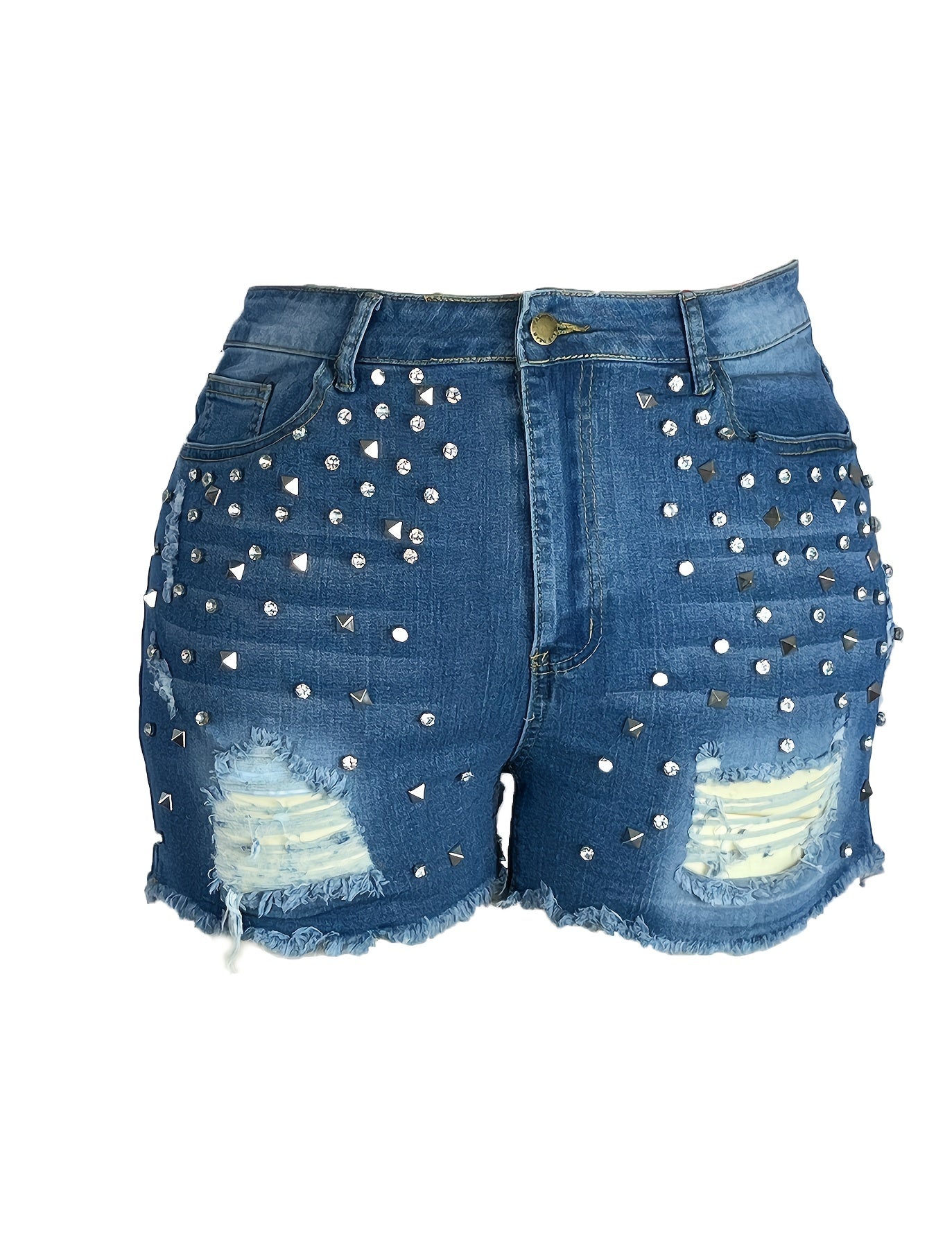  Rhinestone Studded Ripped Denim Shorts