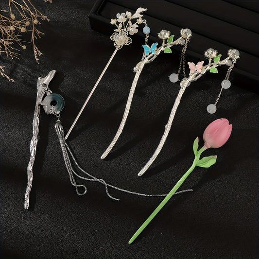 Flower & Tassel Decor Hair Pin Vintage Hair Bun Holder Headwear