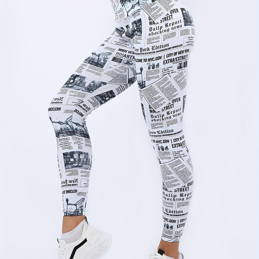 Newspaper Pattern Fitness Gym Leggings High Waist Yoga Workout Running Pants