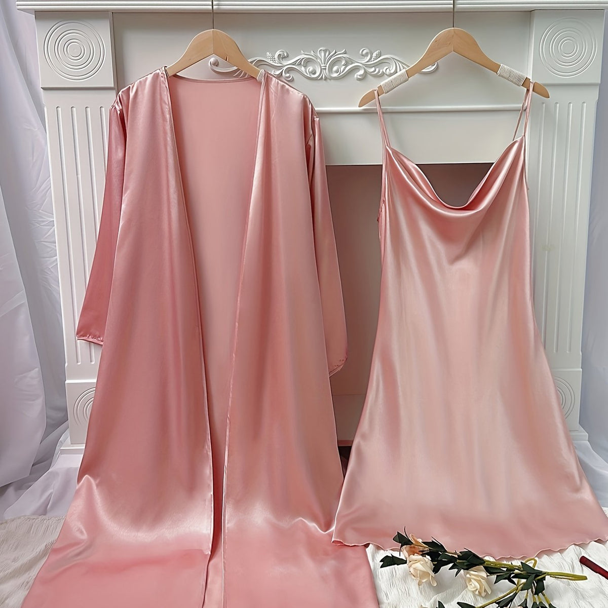 Satin Pajama Set & Robe Long Sleeve V Neck Slip Dress