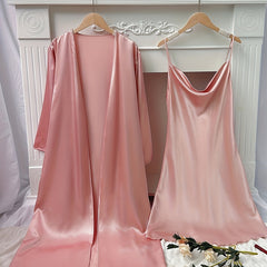 Satin Pajama Set & Robe Long Sleeve V Neck Slip Dress