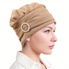Faux Pearl Decor Turban Caps Solid Hijab Head Scarf Elastic Bonnet Headband