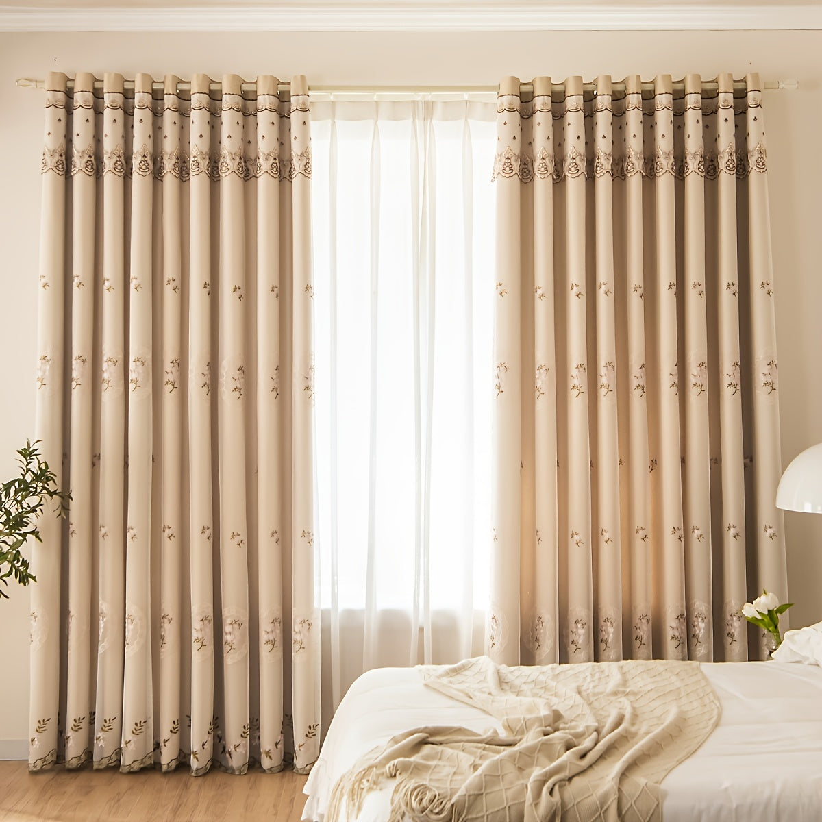 Blackout Rose Flower Pattern Tulle Curtain with Lace Embroidery