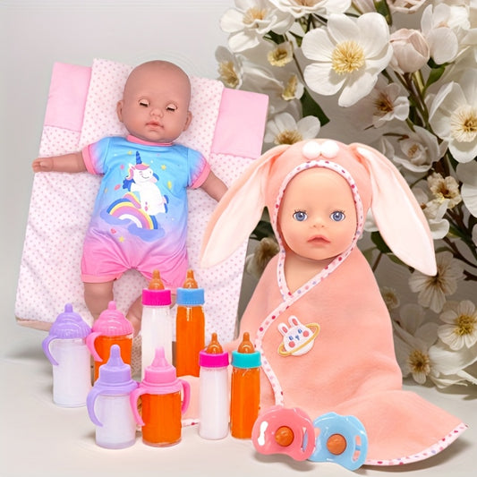 Pink Bunny Ear Doll Blanket Plush Bedding 30x35 with Star Moon Rainbow Designs