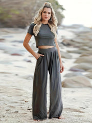  2 Piece Set Women's Solid Crop Tee & Loose Pants