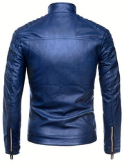 Men's Casual Faux Leather Biker Jacket Zip Up Stand Collar for Spring Fall