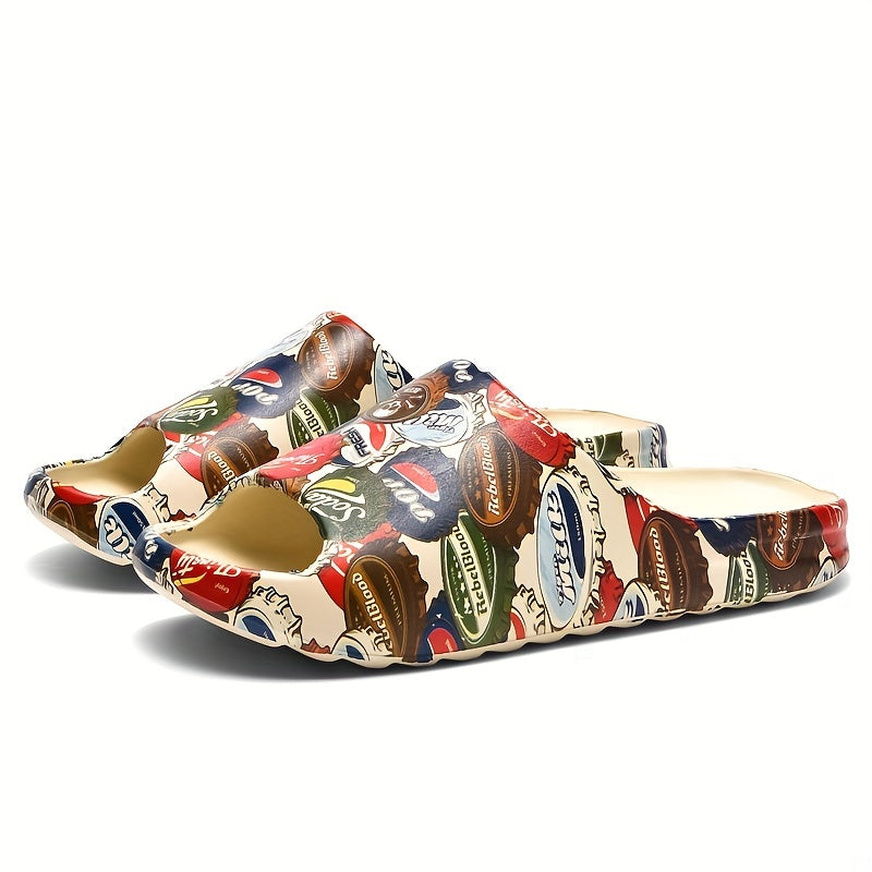 Men's Retro Bottle Cap Print Platform Slide Sandals