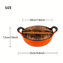 Vintage Enameled Cast Iron Dutch Oven W/ Wooden Lid
